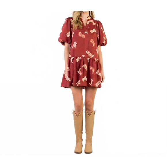 THML Dresses & Skirts - NEW THML puff sleeve boots print dress in burgundy